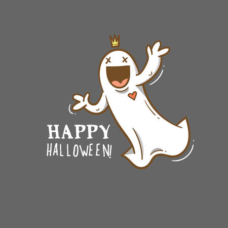 Doodle card with cute cartoon ghost. Fabulous fictional character. Halloween poster. Vector contour image.のイラスト素材