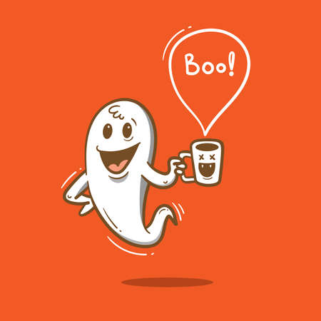 Doodle card with cute cartoon ghost. Fabulous fictional character. Halloween poster. Vector contour colorful image.のイラスト素材