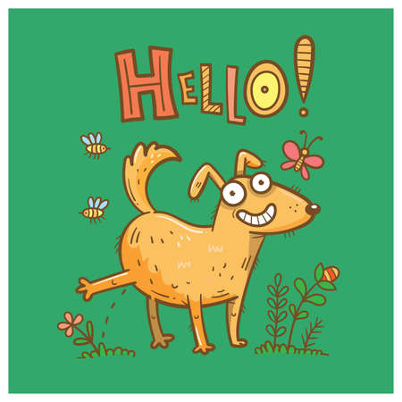 Ð¡ard with cute cartoon dog peeing on grass. Funny puppy in nature. Joyful animal for a walk. Vector line art. Comic pet print.のイラスト素材