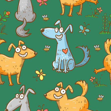 Seamless pattern with cute cartoon dogs on green background. Funny puppies are walking in nature. Print with joyful animals. Vector doodle wallpaper.のイラスト素材