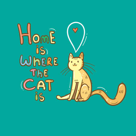 Card with cute cartoon cat. Funny doodle kitten. Vector contour image. Playful animal print. Home is where the cat is.のイラスト素材
