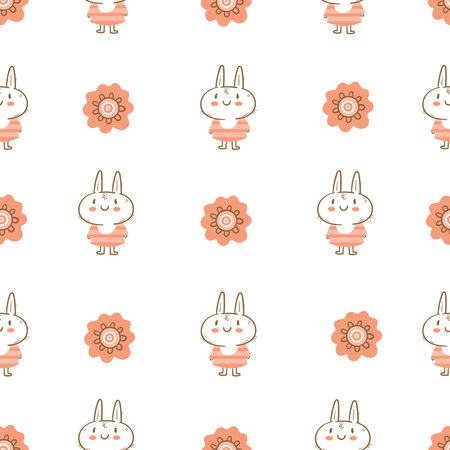 Seamless pattern with cute cartoon bunny in dress on white background. Wallpaper with cheerful rabbitin in clothes. Funny hare print. Anthropomorphic character for baby shower.のイラスト素材