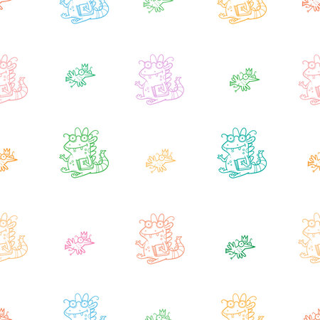 Seamless pattern with cute cartoon smart dragon on white background. Funny birds print. Reading reptile poster. Vector doodle line art wallpaper. Illustration for children. Books and studying.のイラスト素材