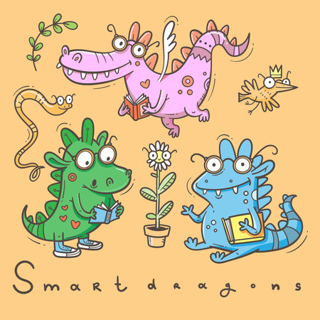 Set with cute smart dragon. Funny crocodile collection. Reading reptile poster. Vector doodle line art. Illustration for children. Books and studying sticker pack.のイラスト素材