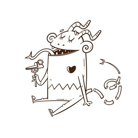 Card with cute cartoon monster. Funny fairy animal print. Line art doodle creature poster. Illustration for children.のイラスト素材