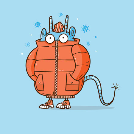 Winter card with cute cartoon monster in a jacket. Funny doodle animal print. Snowfall poster. Illustration for children.のイラスト素材