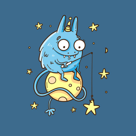 Card with cute cartoon monster and stars. Funny animal print. Illustration for children. Fabulous doodle space creature poster.のイラスト素材
