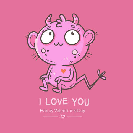 Valentine's day card with cute cartoon imp. Greeting print with doodle funny animal. Line art poster for children. Vector holiday illustration.のイラスト素材