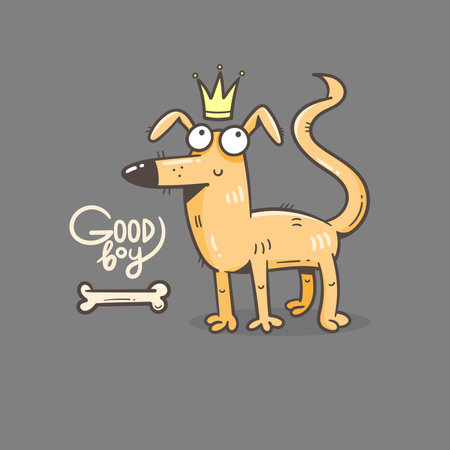 Card with cute cartoon dog. Funny puppy and bone. Good boy. Vector print with joyful animal.のイラスト素材