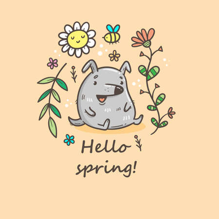 Card with cute cartoon puppy and plants. Doodle floral poster. Spring vector print with dog.のイラスト素材
