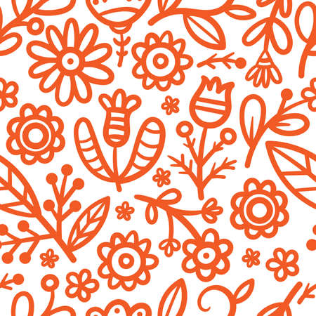 Seamless pattern with different plants and flowers on white background. Vector print with herbs. Botanical doodle wallpaper.のイラスト素材