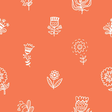 Seamless pattern with different flowers on red background. Vector print with herbs. Botanical doodle wallpaper.のイラスト素材