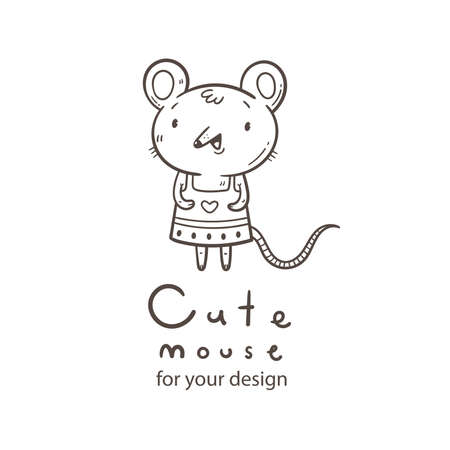 Vector card with cute cartoon mouse in dress. Doodle animal poster. Funny fashion print. Childrens contour illustration.のイラスト素材