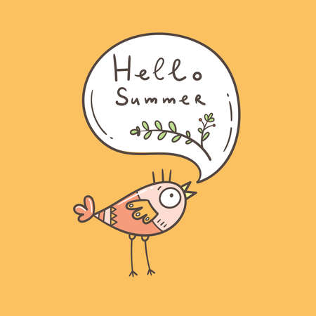 Greeting card with cute cartoon bird. Hello summer. Vector seasonal print. Funny doodle animal poster.のイラスト素材