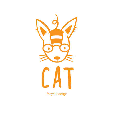 Cute doodle cat emblem. Funny vector character. Line art animal print.のイラスト素材