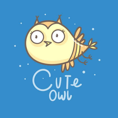 Cute doodle owl emblem. Funny vector character. Line art animal print. Cartoon bird poster.のイラスト素材