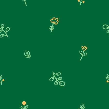 Seamless pattern with different plants and flowers on green background. Vector print with herbs. Botanical doodle wallpaper.のイラスト素材