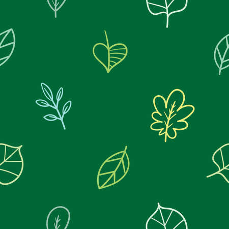 Seamless pattern with different leaves on green background. Vector print with plants.のイラスト素材