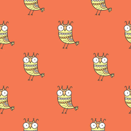 Seamless pattern with cute cartoon owls on red background. Funny doodle vector wallpaper. Line art animals print.のイラスト素材