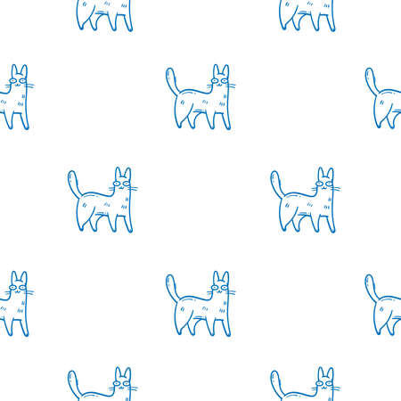 Seamless pattern with cute cartoon cats on white background. Funny animals wallpaper. Vector doodle kittens print.のイラスト素材