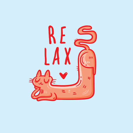 Card with cute cartoon relax cat. Funny doodle kitten. Vector contour image. Sleeping animal print.のイラスト素材