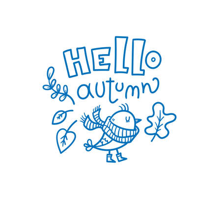 Autumn card with cute cartoon bird. Animal in scarf with leaves. Illustration for children. Vector outline image.のイラスト素材