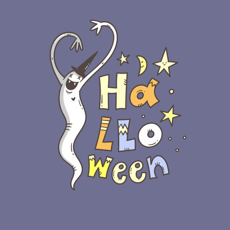 Doodle card with cute cartoon ghost. Fabulous fictional character. Halloween poster. Vector contour image.のイラスト素材