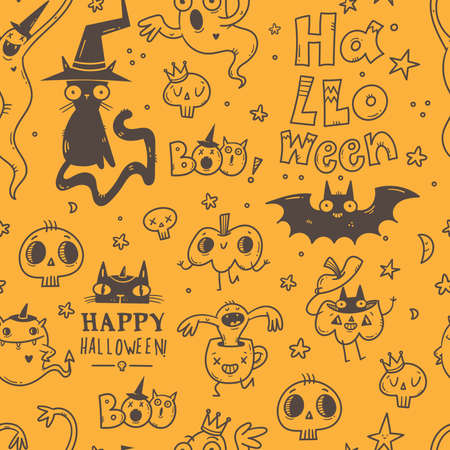Halloween doodle seamless pattern on orange background. Cartoon horror funny characters. Wallpaper with line art monsters.のイラスト素材