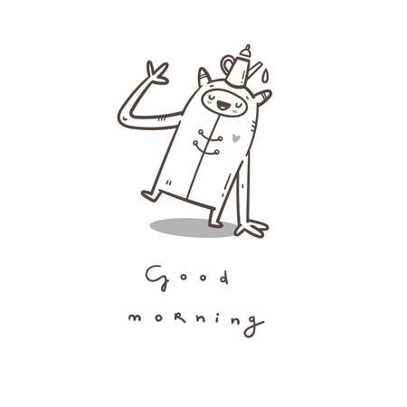 Card with cute cartoon monster and pot of coffee. Good morning wishes. Funny doodle creature print. Line art poster.のイラスト素材
