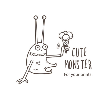 Vector card with cute cartoon monster. Funny fictional animal. Doodle line art creature print. Childrens fairy tale poster.のイラスト素材