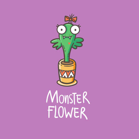Card with cute plant monster. Comic drawing of predatory flower. Vector doodle image.のイラスト素材