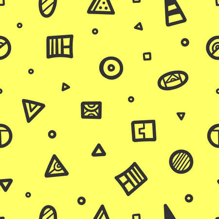 Seamless abstract black pattern on yellow background. vector doodle image. Graphic geometric ornament.のイラスト素材