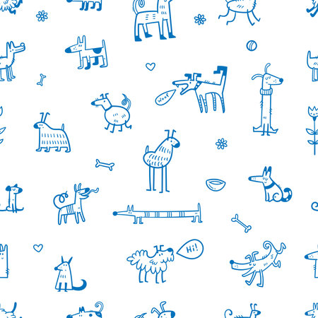 Seamless pattern with cute dogs on white background. Doodle cartoon puppies wallpaper. Funny animal print.のイラスト素材