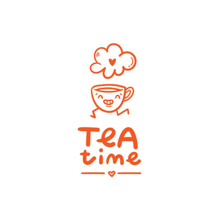 Card with cute cartoon mug and tea. Funny drink print. Anthropomorphic tableware poster. Vector doodle illustration. Cheerful hand drawn cup.のイラスト素材