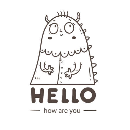 Postcard with a cute monster. Funny doodle creature print. vector cartoon character.のイラスト素材