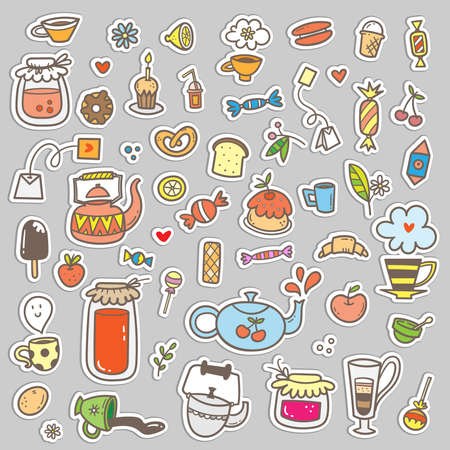 Vector coffee set. Doodle cafe colorful collection. Cute print things food, drinks and utensils.のイラスト素材