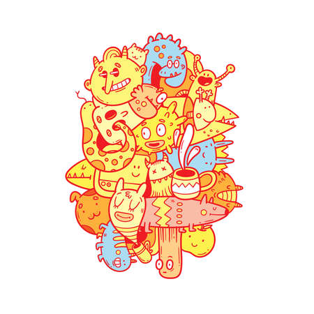 Coloring book antistress with funny creatures. Doodle print with fantasy characters. line art poster.のイラスト素材