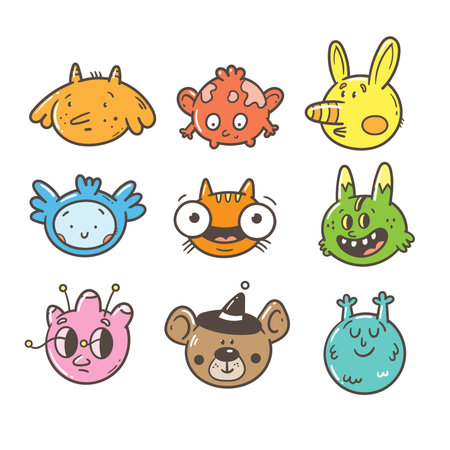 Vector set with cute characters. Doodle collection of funny animals and monsters. Cartoon funny colorful print.のイラスト素材