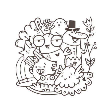 Coloring book antistress with funny creatures. Doodle print with fantasy characters. line art poster.のイラスト素材