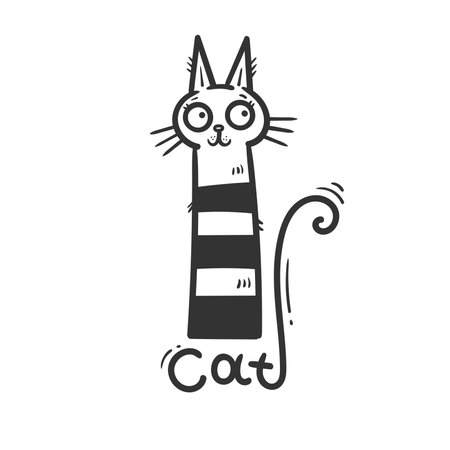 Card with cute cartoon cat. Funny doodle kitten. vector contour image. Playful animal print.のイラスト素材
