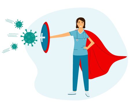 concept medical doctor fights against a pandemic virus. Doctor in a superhero cloak and a shield in his hand. Vector illustration in flat style.のイラスト素材