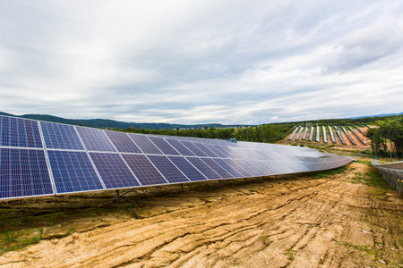 Solar Panel Photovoltaic power on sky background, green clean Alternative power energy concept.