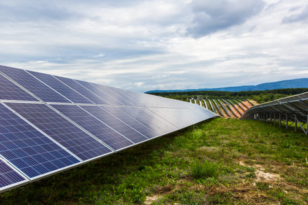 Solar Panel Photovoltaic power on sky background, green clean Alternative power energy concept.