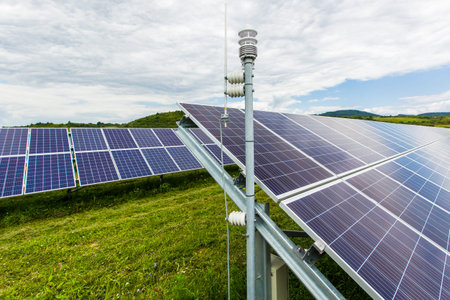 Solar Panel Photovoltaic power on sky background, green clean Alternative power energy concept.