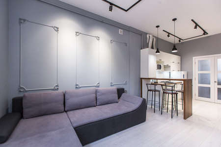 Photo of the interior of the bedroom, a large bed, in white, in a modern styleの写真素材