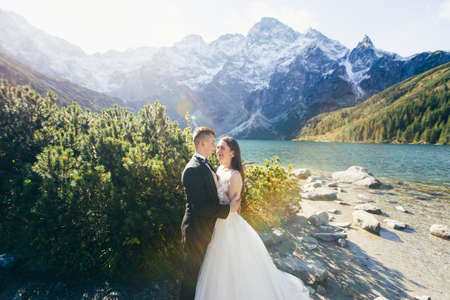 Wedding photo shoot, a young couple in love in the mountains near a large beautiful lakeの写真素材