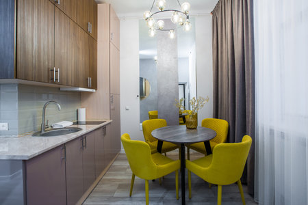 Interior of a modern kitchen, in a small smart apartment, in a loft style, with furniture