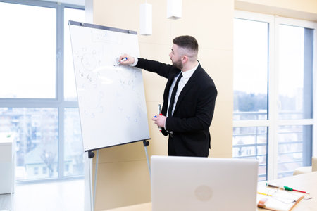 business presentation man in formal suit holds meeting online using laptop webcam.during video conference make a strategy, meeting, briefing. show on whiteboard in a modern office call remotelyの写真素材