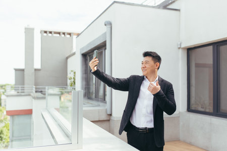 Successful asian businessman man talking on video phone, standing on balcony terrace of modern office center, happy and smilingの写真素材