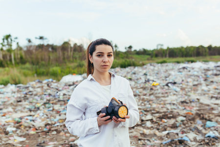 Woman at the landfill volunteer holding a protective face mask
